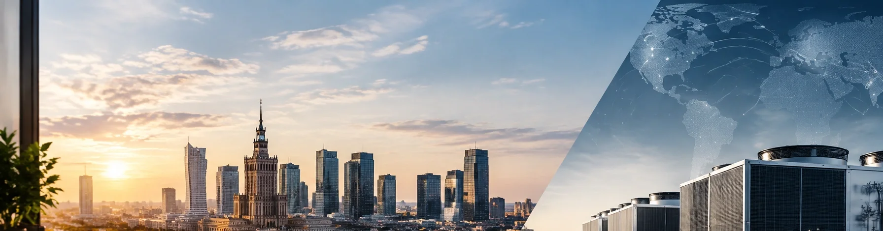 Warsaw skyline with the Palace of Culture and Science and rooftop operations